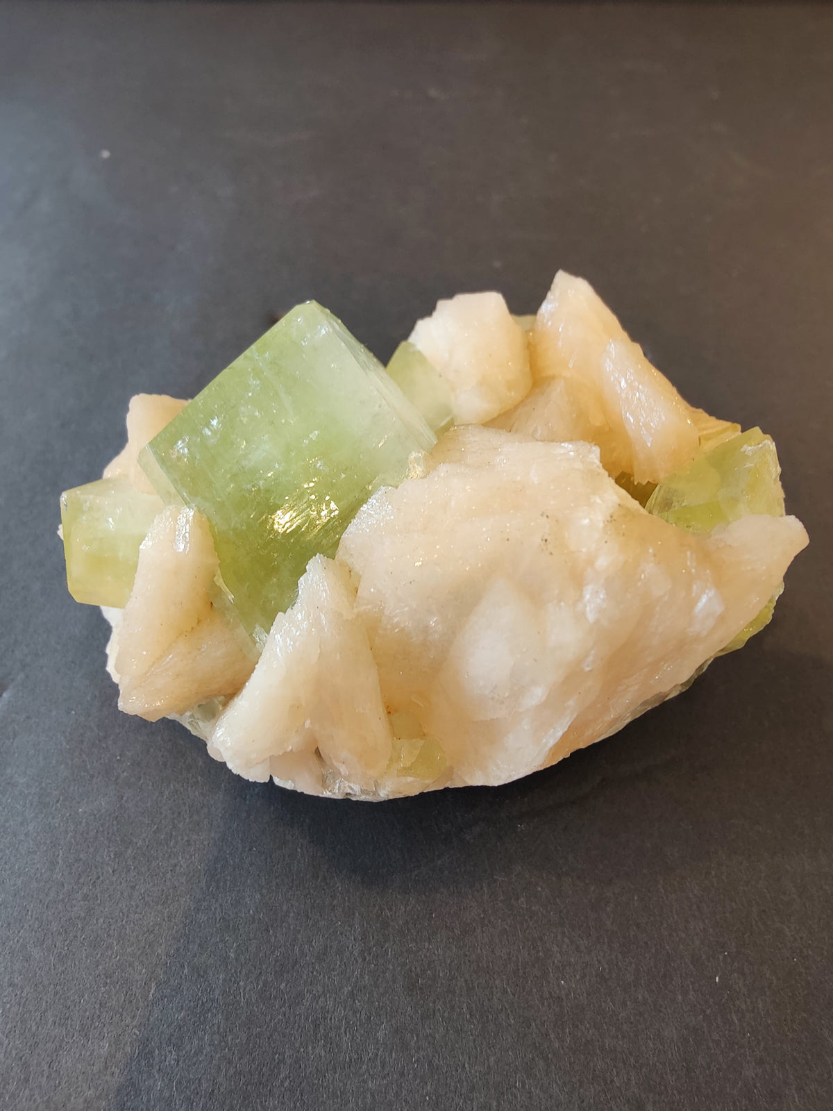 Green Apophyllite Cubes with Peach Stilbite Specimen 322g