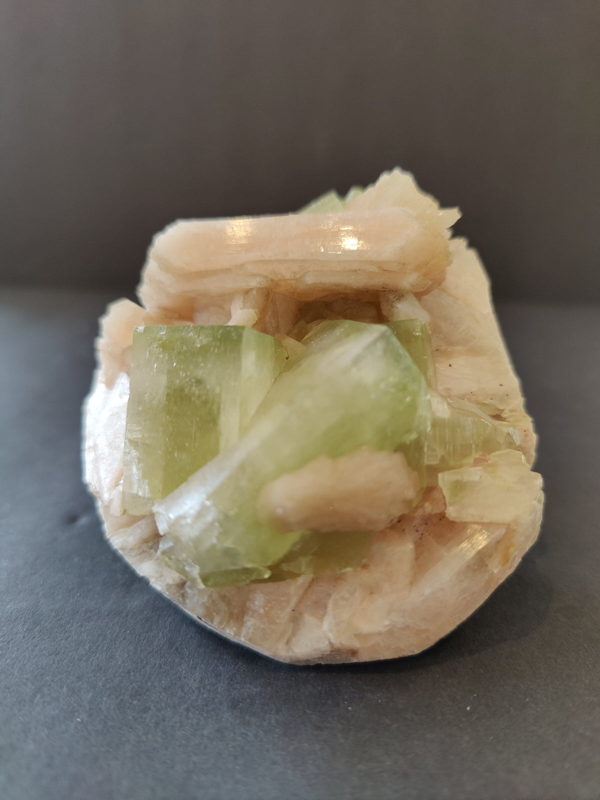 Green Apophyllite Cubes with Peach Stilbite Specimen 410g