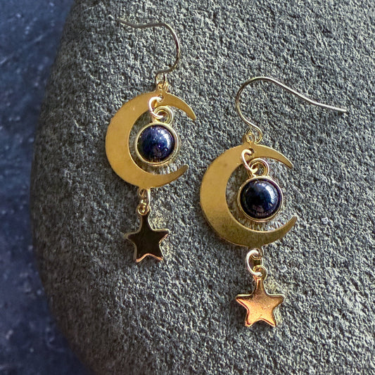 Starlit Crescent Earrings with Blue Sandstone