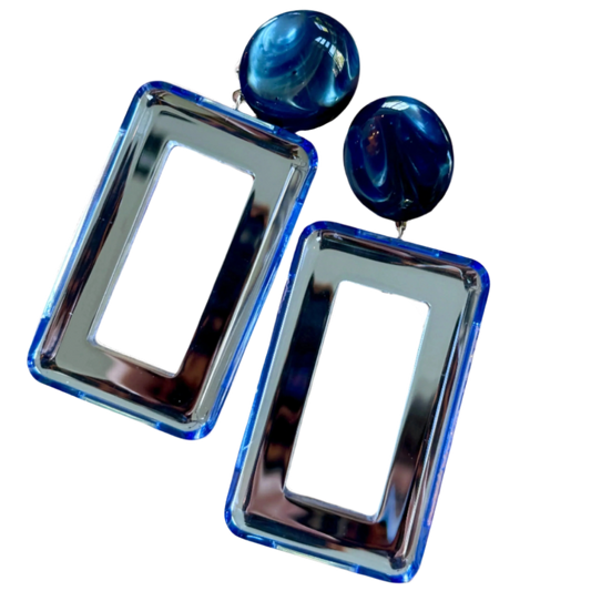 French Square Blue Mirrored Clip-On Earrings