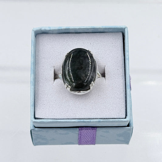 Sterling Silver Cross Banded Oval Moss Agate Ring - Size 10 - Grounding, Nurturing & Growth