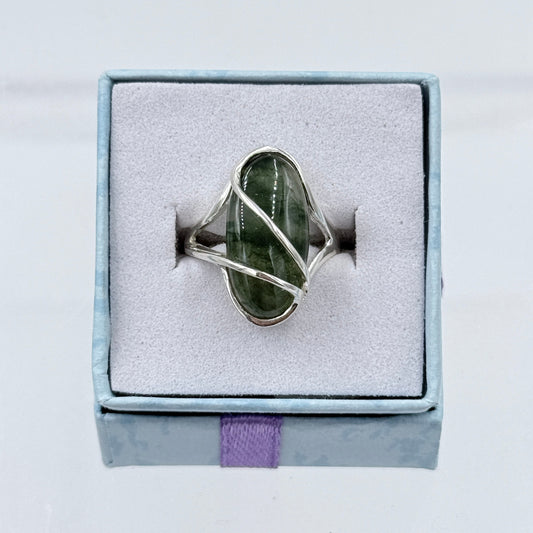 Sterling Silver Flowy Wrapped Moss Agate Ring - Size 6 - Grounding, Nurturing & Growth