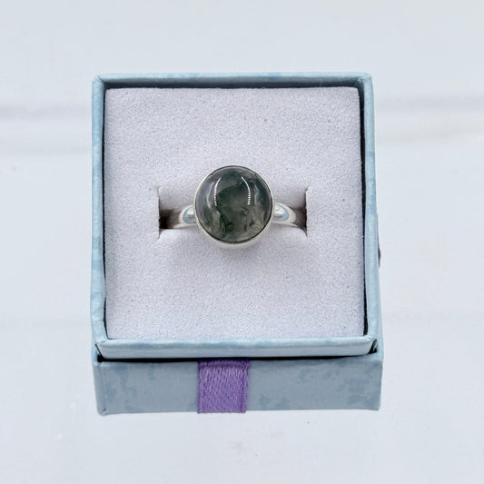 Sterling Silver Round Moss Agate Ring - Size 7 - Grounding, Nurturing & Growth