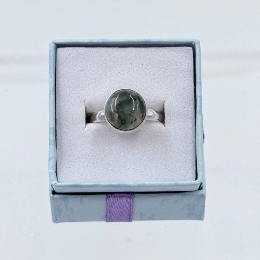 Sterling Silver Round Moss Agate Ring - Size 7 - Grounding, Nurturing & Growth
