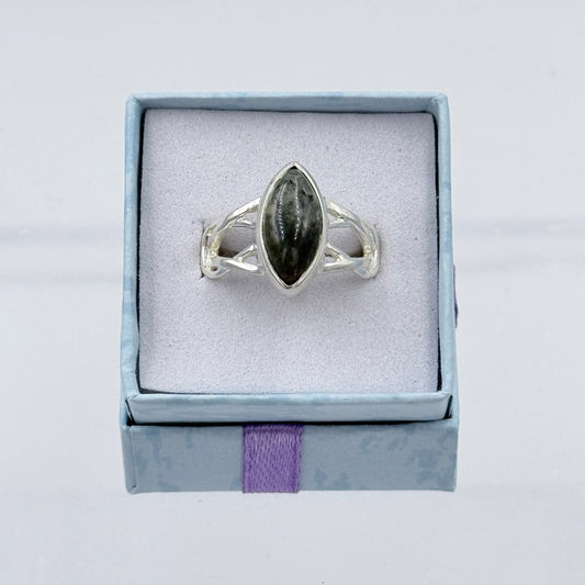 Sterling Silver Knot Banded Marquise Moss Agate Ring - Size 7 - Grounding, Nurturing & Growth