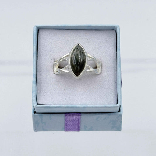 Sterling Silver Knot Banded Marquise Moss Agate Ring - Size 7 - Grounding, Nurturing & Growth