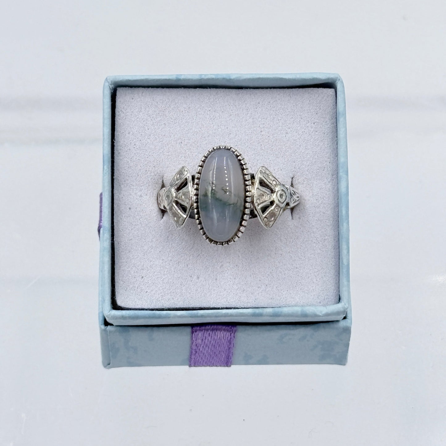 Sterling Silver Fan Banded Oval Moss Agate Ring - Size 9 - Grounding, Nurturing & Growth
