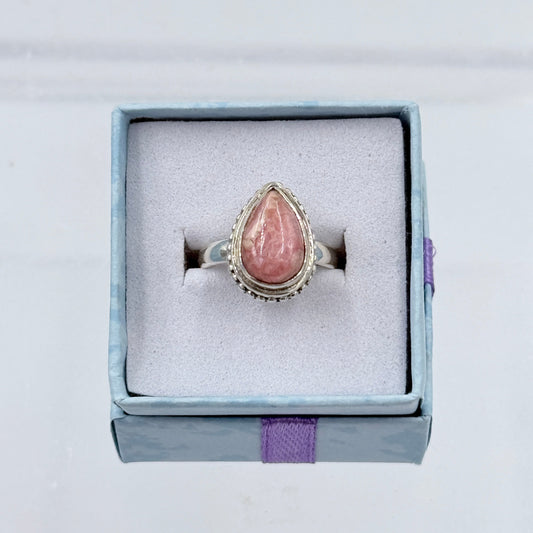 Sterling Silver Bezeled TeardropRhodochrosite Ring - Size 5 - Loving, Compassionate & Healing