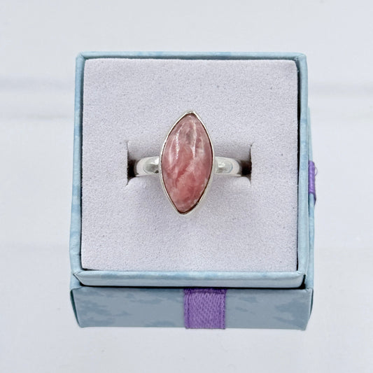 Sterling Silver Marquise Rhodochrosite Ring - Size 5 - Loving, Compassionate & Healing