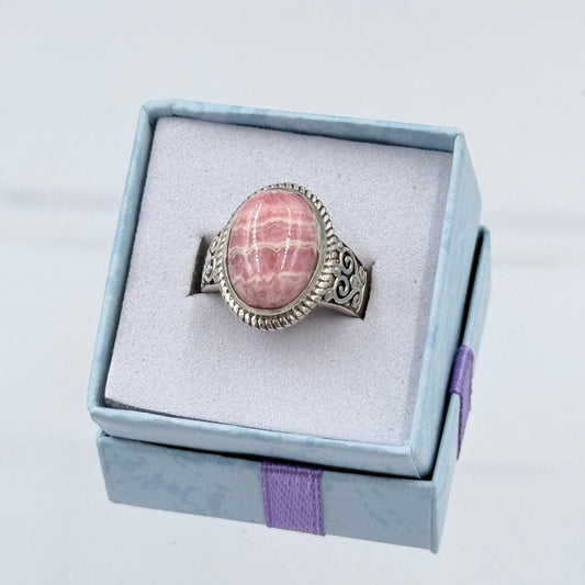 Sterling Silver Filigree Banded Oval Rhodochrosite Ring - Size 6 - Loving, Compassionate & Healing