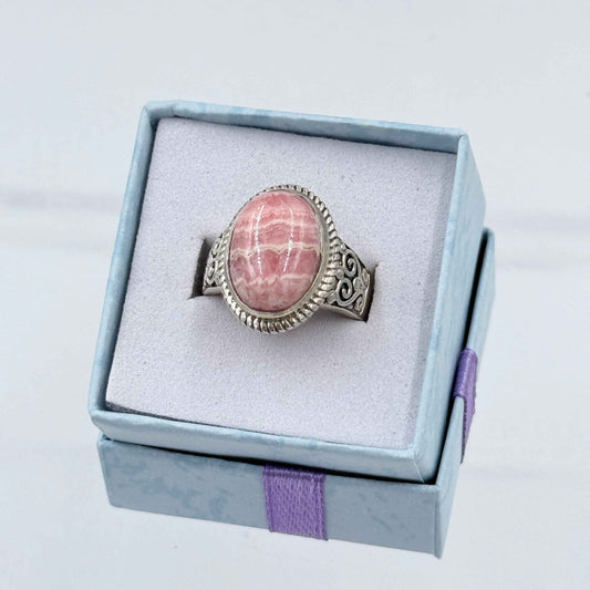 Sterling Silver Filigree Banded Oval Rhodochrosite Ring - Size 6 - Loving, Compassionate & Healing