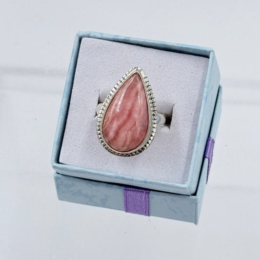 Sterling Silver Bezeled Teardrop Rhodochrosite Ring - Size 6 - Loving, Compassionate & Healing