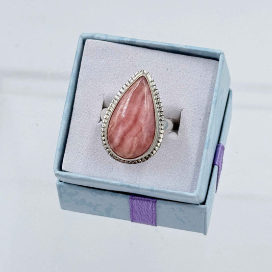 Sterling Silver Bezeled Teardrop Rhodochrosite Ring - Size 6 - Loving, Compassionate & Healing