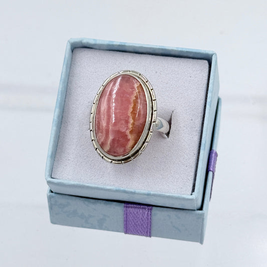 Sterling Silver Lined Oval Rhodochrosite Ring - Size 6 - Loving, Compassionate & Healing