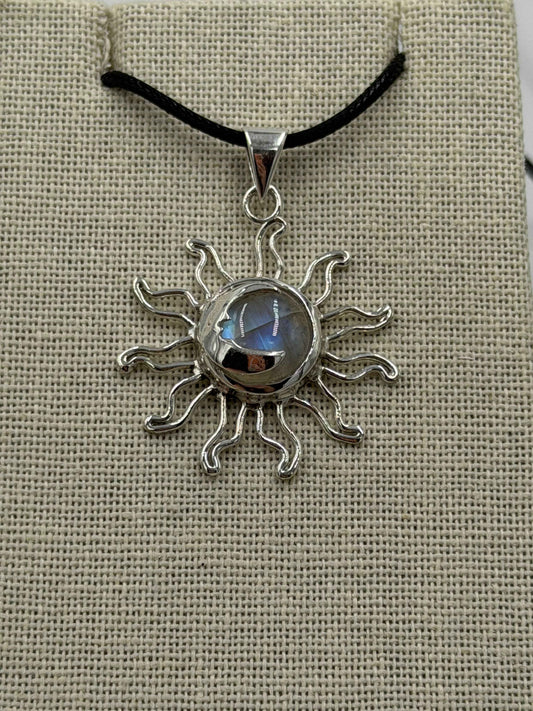 Sterling Silver Sun & Moon Rainbow Moonstone Pendant