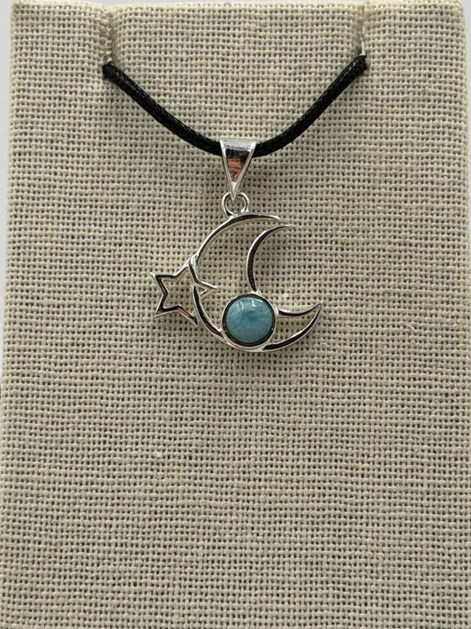 Sterling Silver Crescent Moon & Star Larimar Pendant