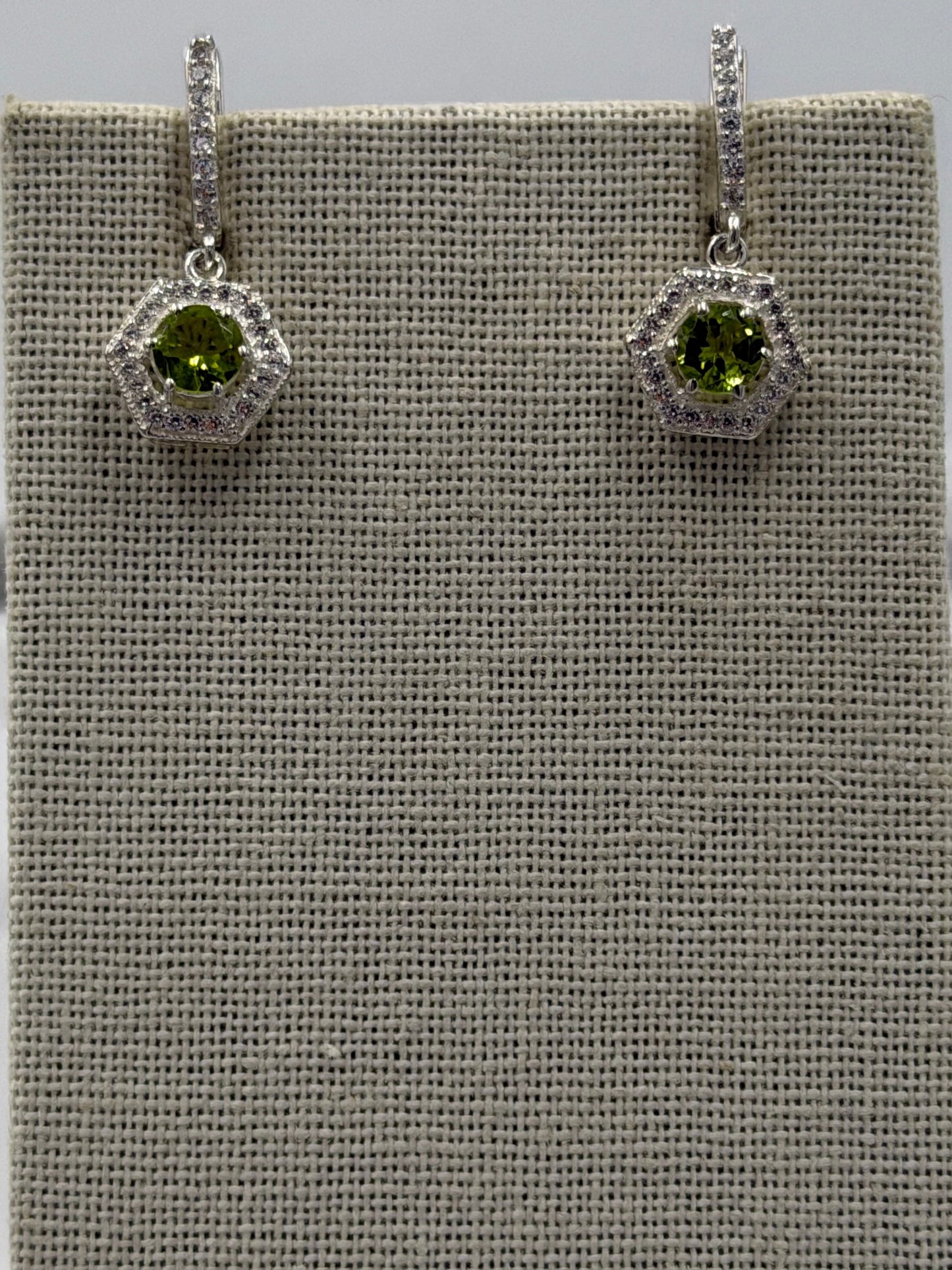Sterling Silver Sparkled Hexagon Peridot Hoop Earrings