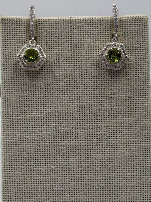 Sterling Silver Sparkled Hexagon Peridot Hoop Earrings