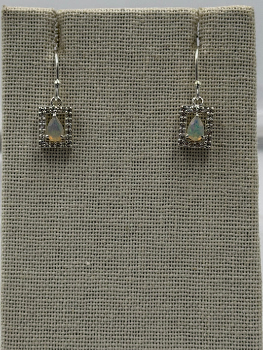 Sterling Silver Sparkled Square with Teardrop Ethiopian Opal Dangle Earrings