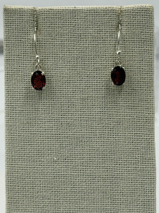 Sterling Silver Oval Garnet Dangle Earrings Size 2