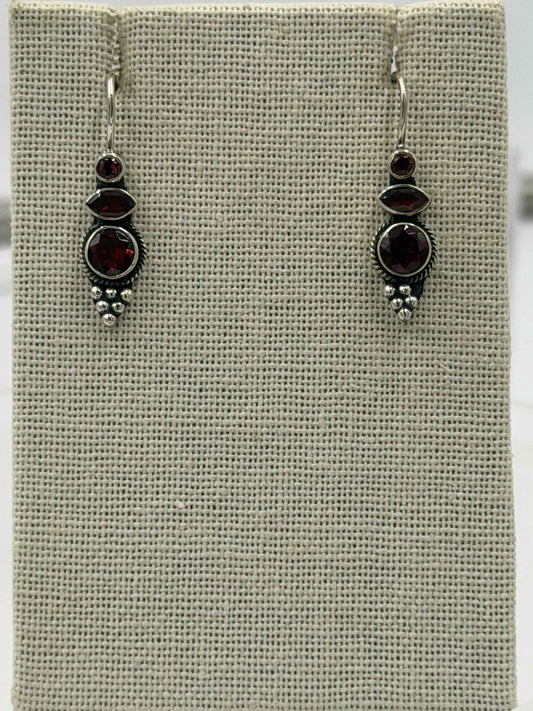 Sterling Silver Triple Garnet Dangle Earrings