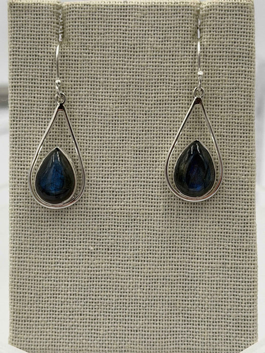 Sterling Silver Open Teardrop Labradorite Dangle Earrings