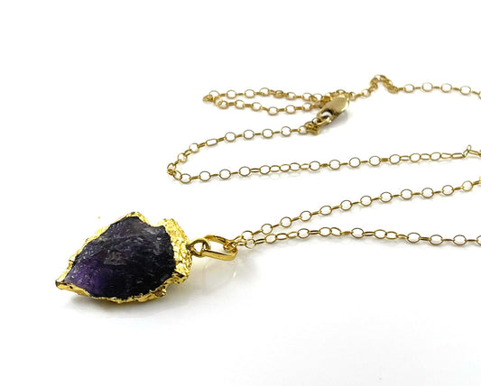 Amethyst Arrowhead Necklace – Gold Edged Crystal on 20" Gold Filled Chain