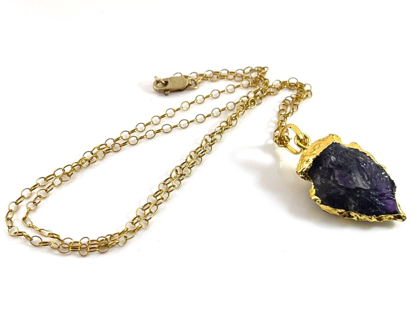 Amethyst Arrowhead Necklace – Gold Edged Crystal on 20" Gold Filled Chain