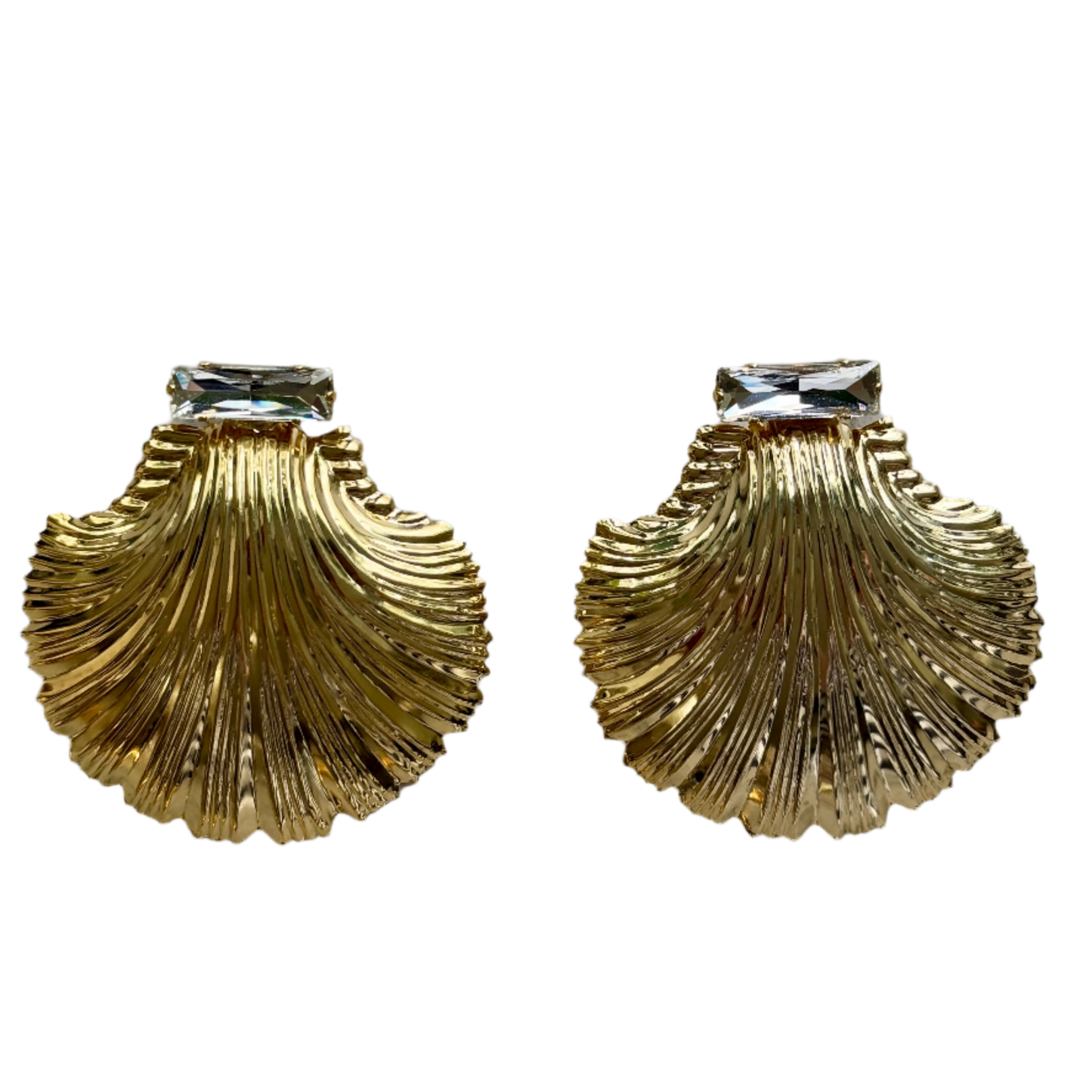 Large Diamond Clear Crystal Gold Shell Earrings