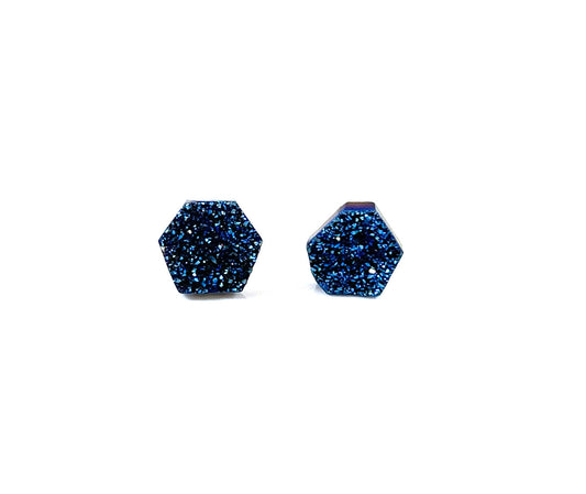 Natural Druzy Hexagon Stud Earrings – Sterling Silver Posts, 9–10mm