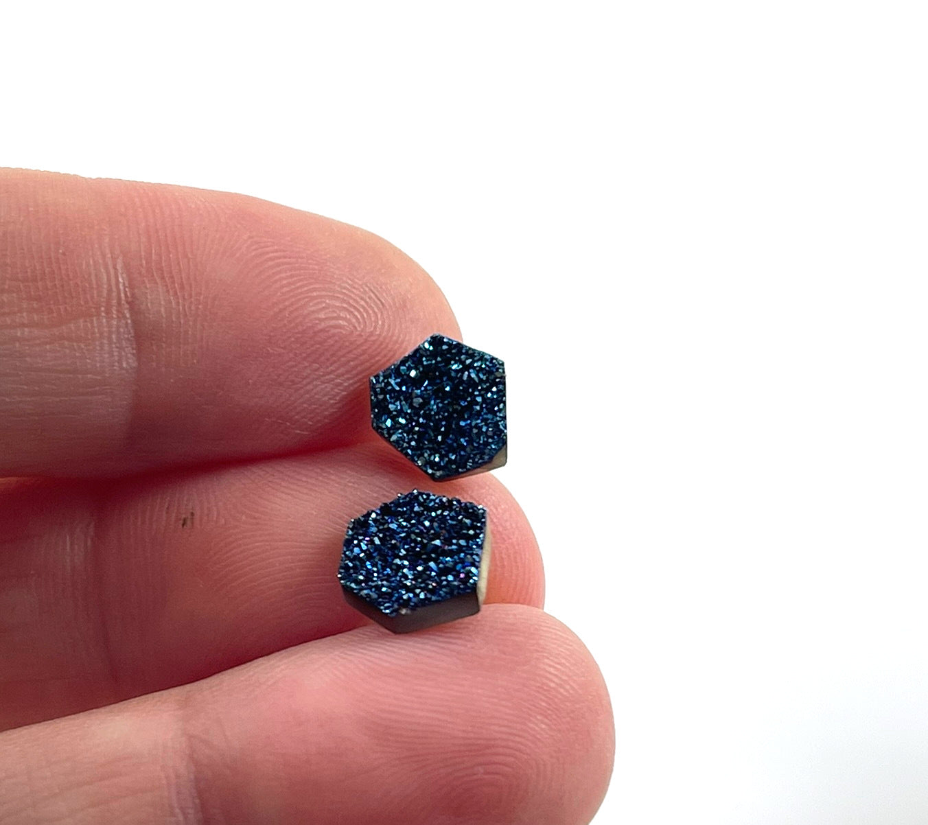 Natural Druzy Hexagon Stud Earrings – Sterling Silver Posts, 9–10mm