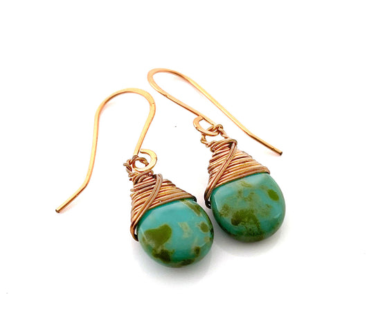Handmade Copper Wire Wrapped Turquoise Earrings – 1.5" Czech Glass Briolettes