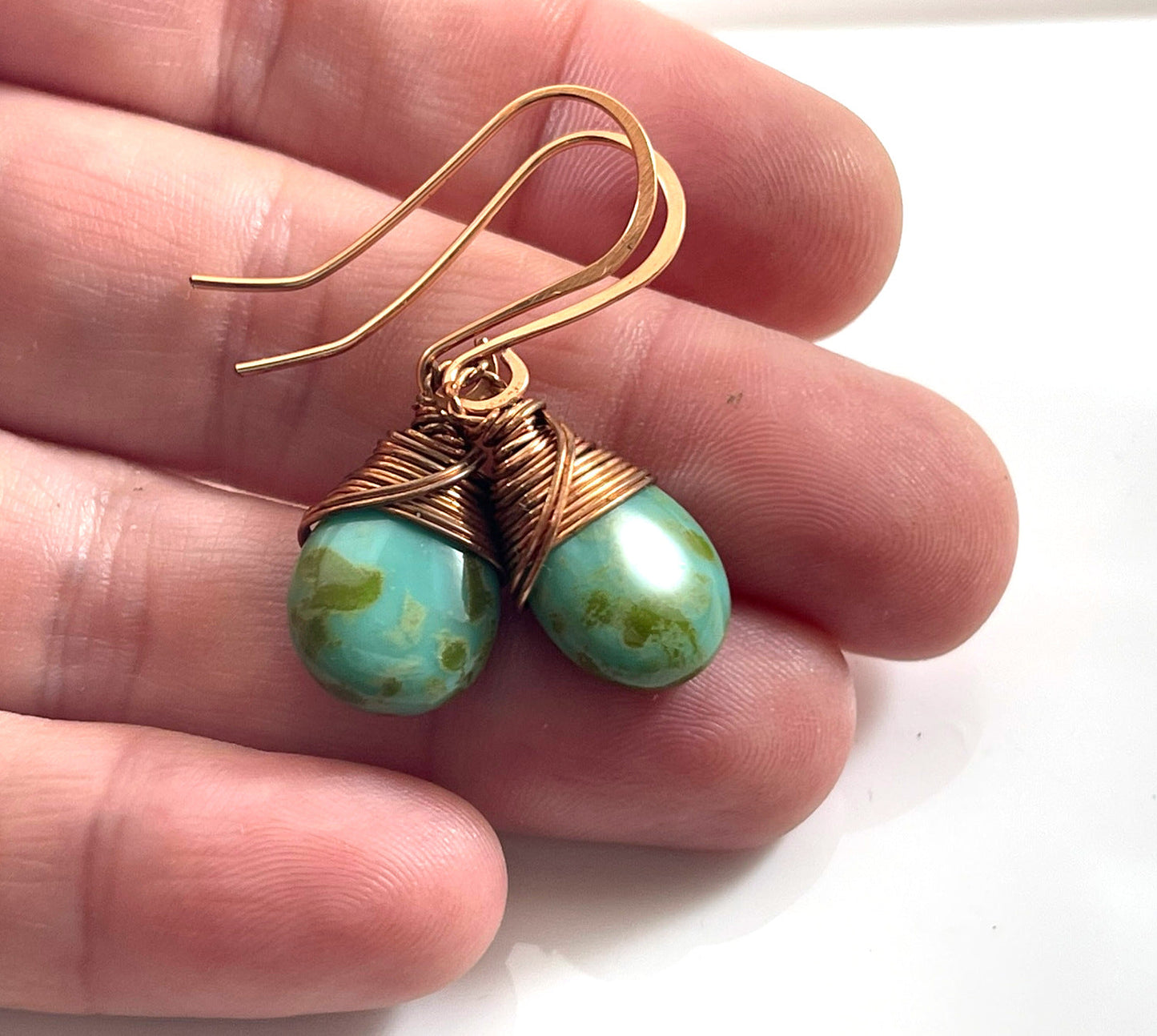 Handmade Copper Wire Wrapped Turquoise Earrings – 1.5" Czech Glass Briolettes