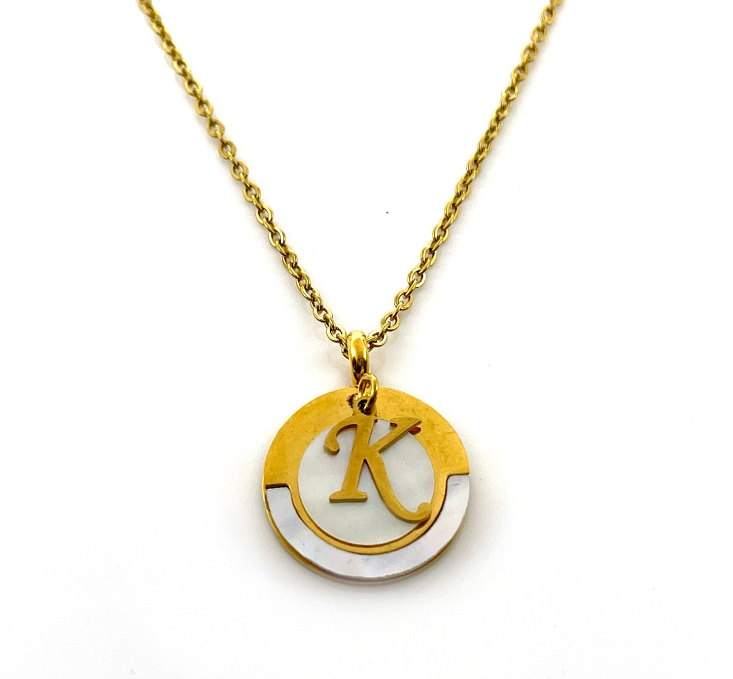 Vintage Mother of Pearl K Initial Necklace – Gold Pendant on 18" Chain