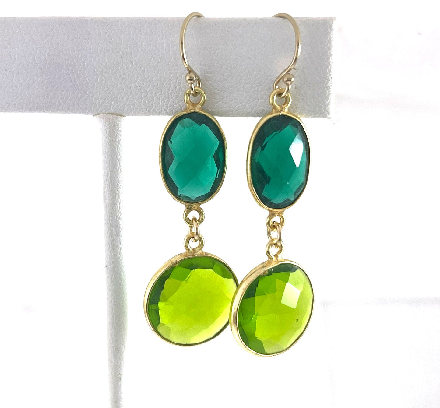 Green Envy Earrings – Peridot & Emerald Hydro Quartz, 14k Gold Fill, Handmade (2”)