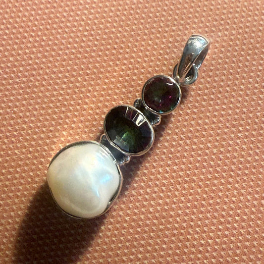 Sterling Silver Gemstone & Pearl Drop Pendant
