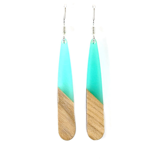 Upcycled Wood & Aqua Resin Drop Earrings – Sterling Silver, 2” Eco Minimalist