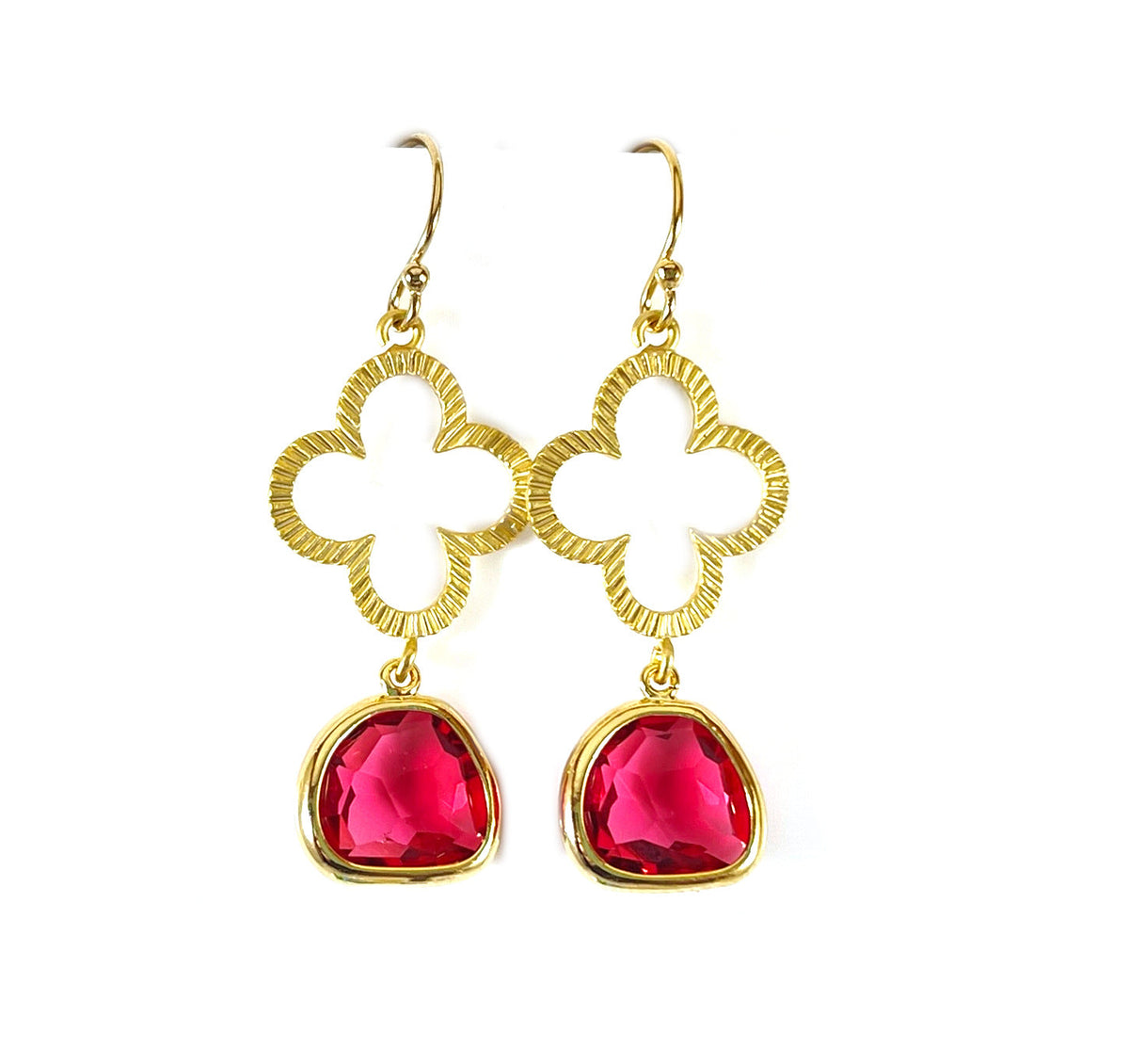 Clover & Red Glass Drop Earrings – 14k Gold Filled