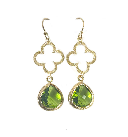 Olivine Glass & Gold Clover Drop Earrings – 14k Gold Filled, 1.75” Dangle