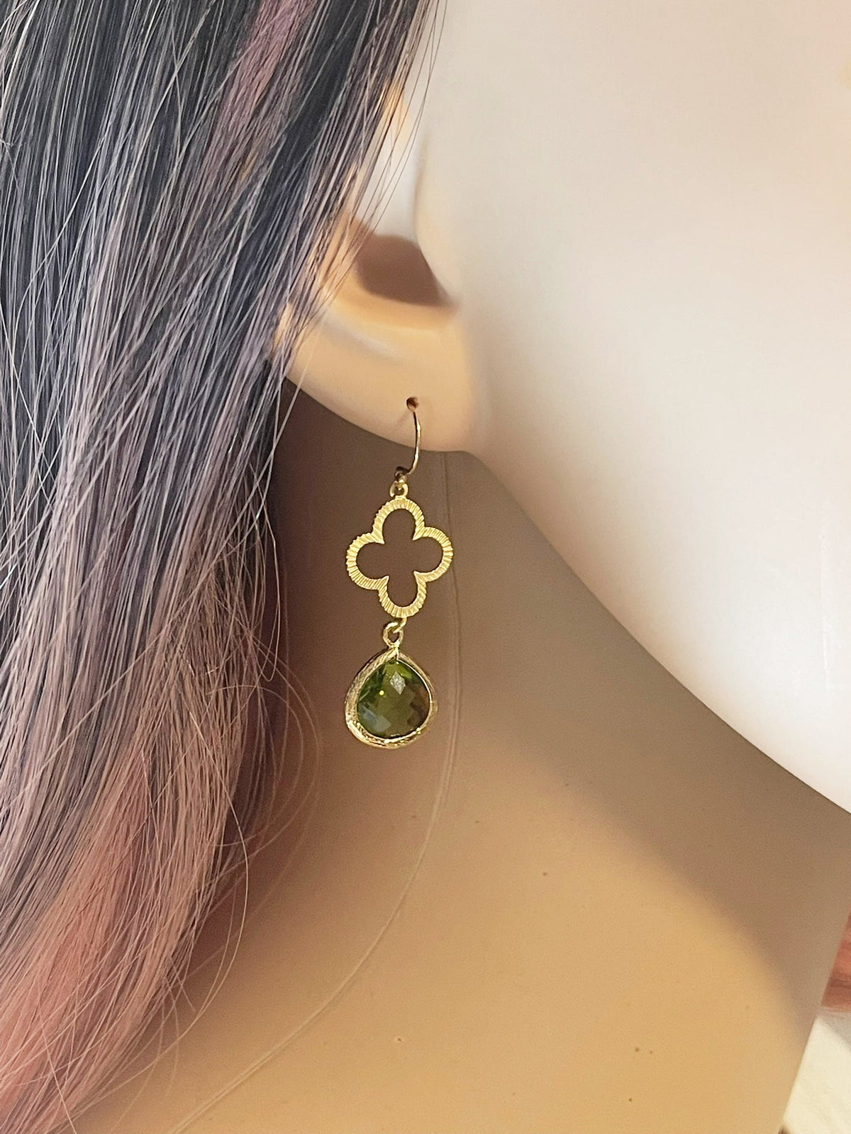 Olivine Glass & Gold Clover Drop Earrings – 14k Gold Filled