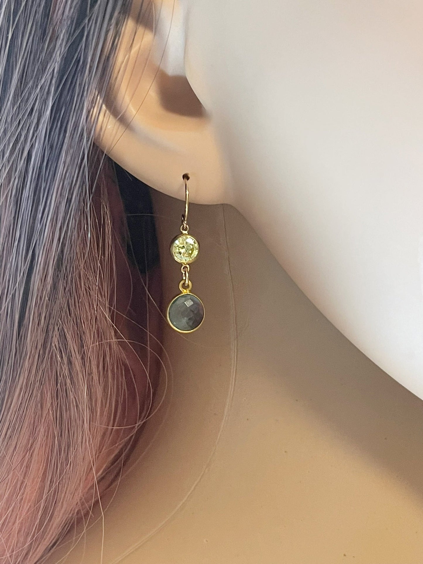Aqua Hydro Quartz & Peridot Crystal Drop Earrings – 14k Gold Filled, Dainty 1.25”
