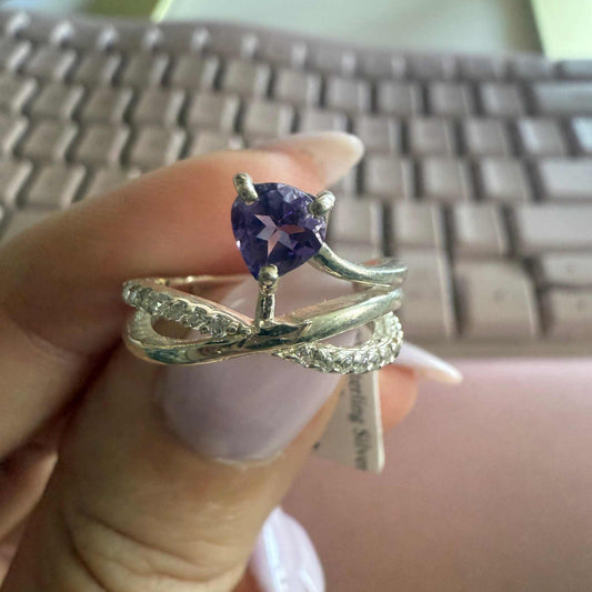 Sterling Silver Heart-Cut Amethyst Ring – Crisscross Diamond Band – Sizes 5 & 10 – Self-Love, Intuition & Emotional Harmony