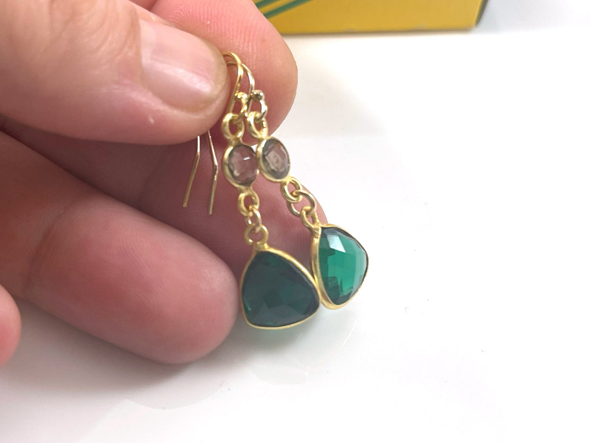 Smoky & Emerald Quartz Drop Earrings – 14k Gold Filled