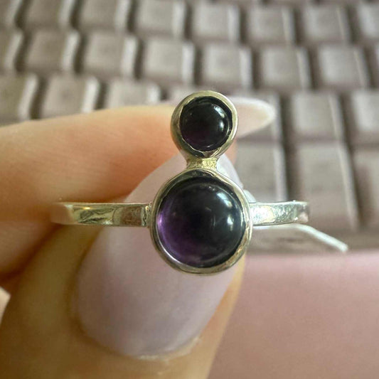 Sterling Silver Double Amethyst Cabochon Ring – Sizes 5, 8 & 9 – Intuition, Balance & Spiritual Protection