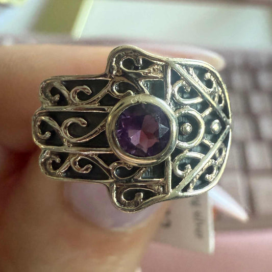 Sterling Silver Hamsa Amethyst Ring – Sizes 7 & 9 – Protection, Intuition & Sacred Guidance