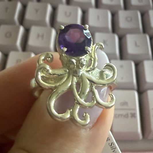 Sterling Silver Octopus Amethyst Ring – Sizes 6 & 9 – Intuitive Wisdom, Adaptability & Spiritual Protection