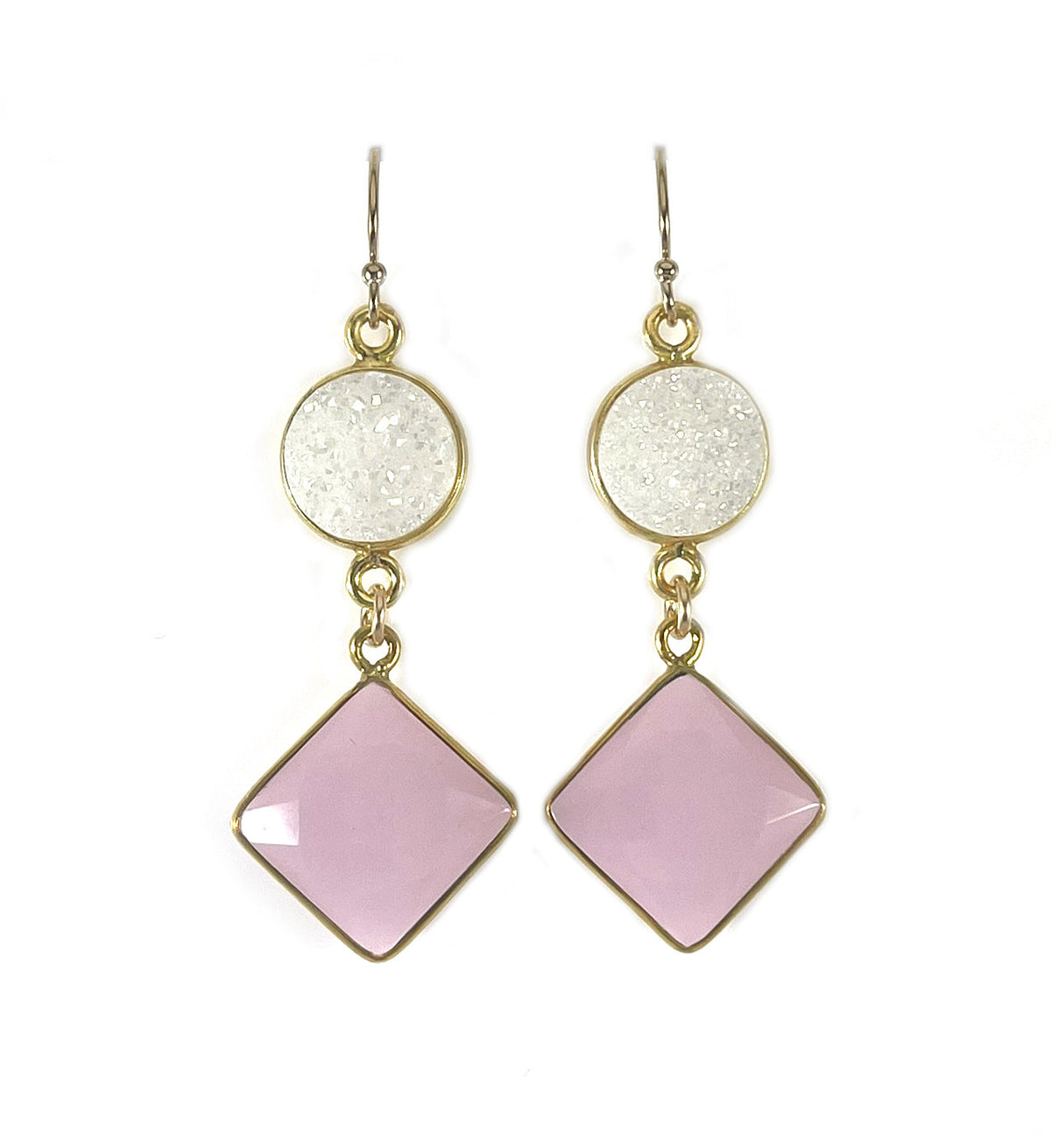 White Druzy & Rose Quartz Drop Earrings – 14k Gold Filled