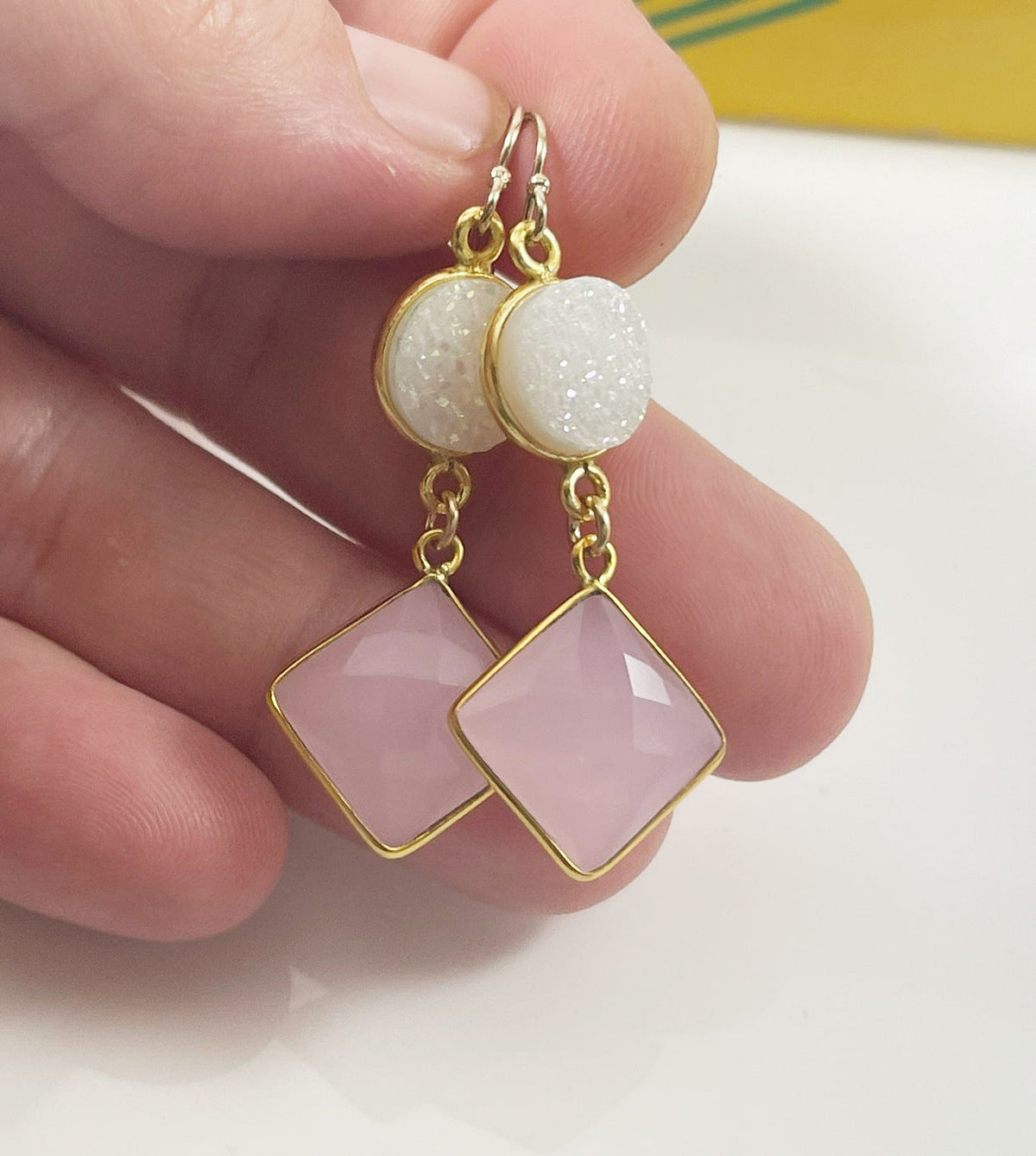 White Druzy & Rose Quartz Drop Earrings – 14k Gold Filled