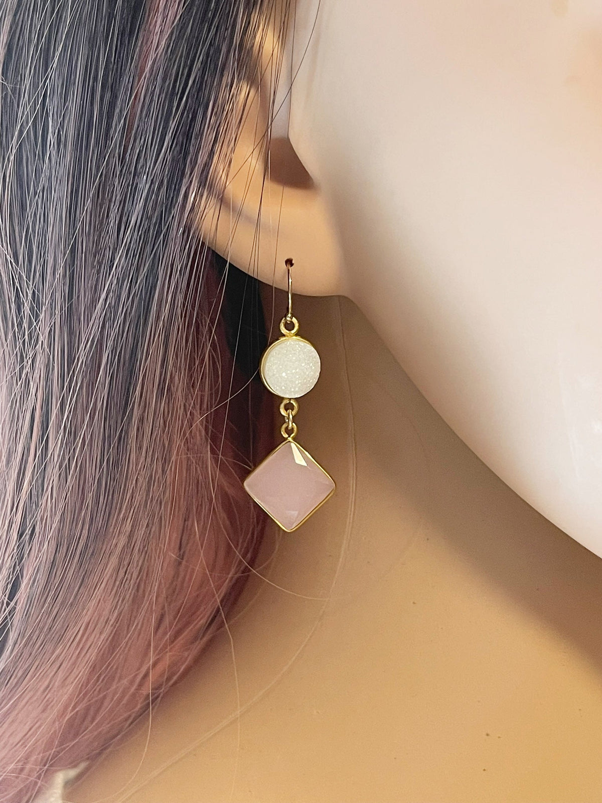 White Druzy & Rose Quartz Drop Earrings – 14k Gold Filled