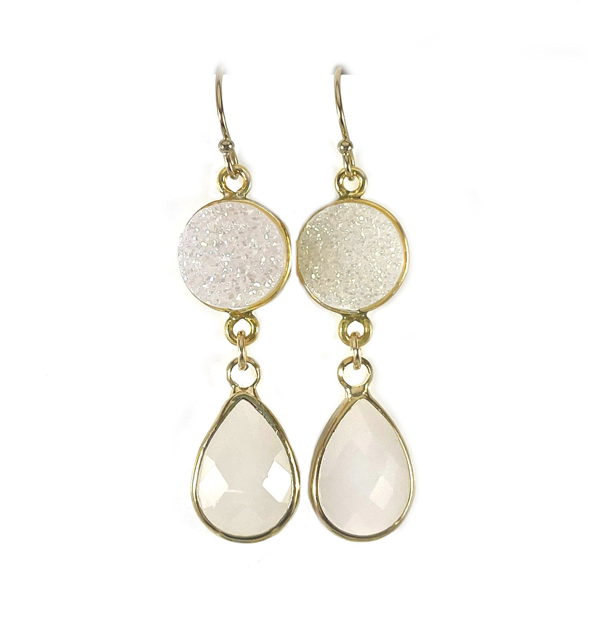 White Druzy & Glass Drop Earrings – 14k Gold Filled